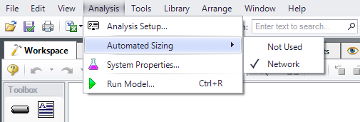 Selecting the Network option for Automated Sizing from the Analysis menu.